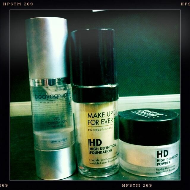 Applied in order of appearance. Primer, foundation & HD powder